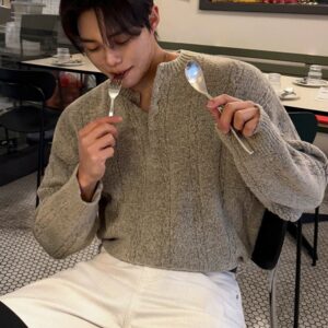 MYQ Loose Knit Henley Sweater for Men - Khaki