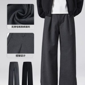 LKTM Men's Autumn Winter Pleated Wool Blend Trousers