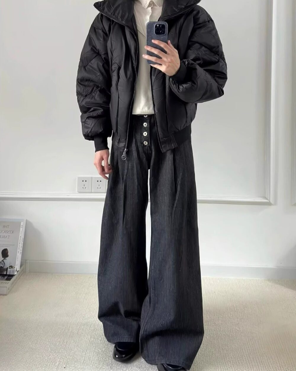 Men's High-Waist Pleated Denim Wide-Leg Trousers
