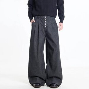 Vintage Black Striped High-Waist Wide-Leg Jeans