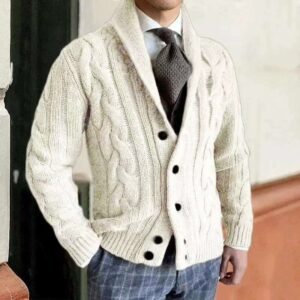 2025 Men’s Knitted Cable Cardigan with Turn-Down Collar