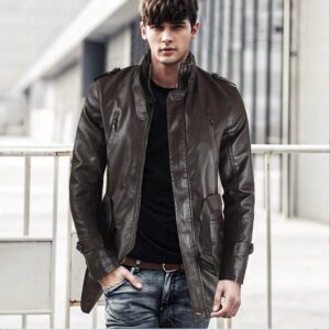 Men's PU Leather Mid-Length Stand Collar Jacket
