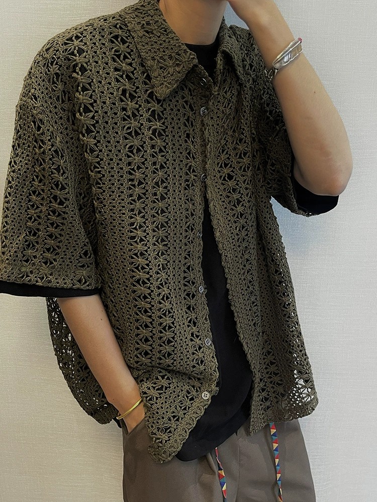 main_1 Men's Vintage Military Green Breathable Knit Shirt