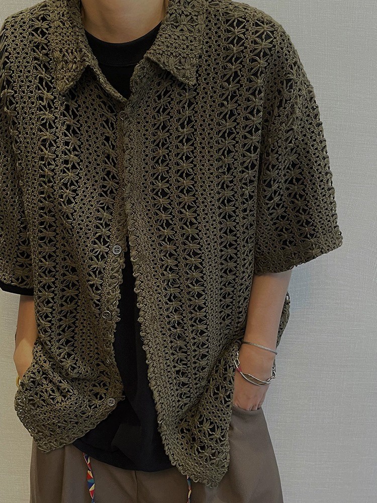 main_2 Men's Vintage Military Green Breathable Knit Shirt - Image 2