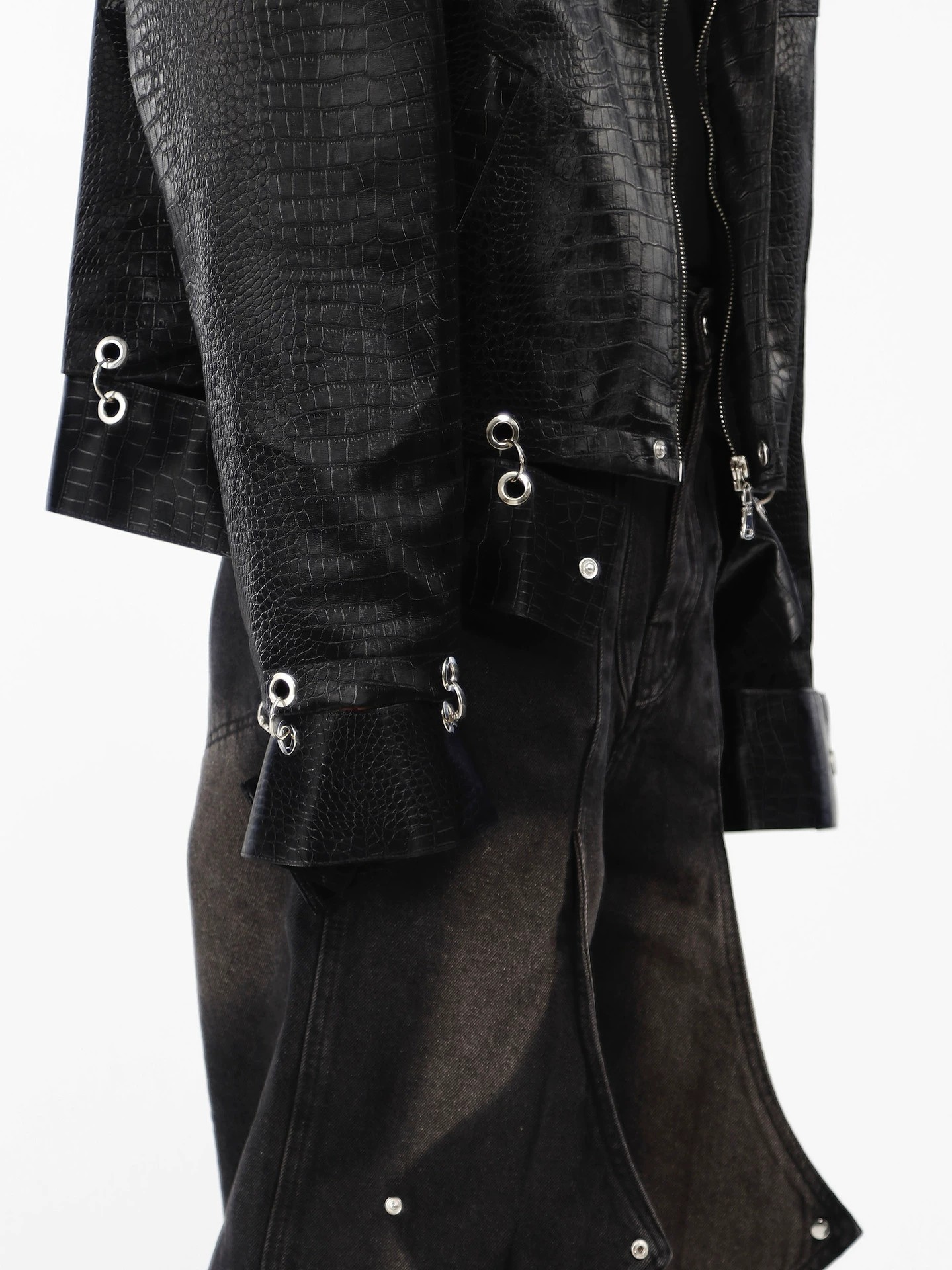 main_3 2024 Croc-Texture PU Leather Patchwork Jacket - Image 3