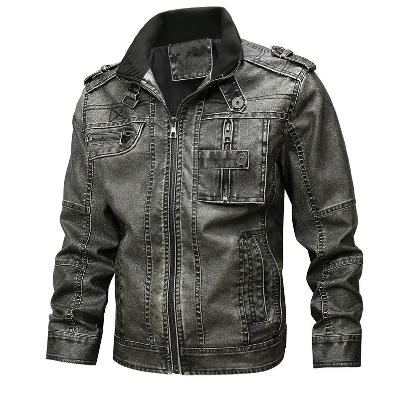 main_3 Men's Casual PU Leather Zip-Up Stand Collar Jacket - Image 3