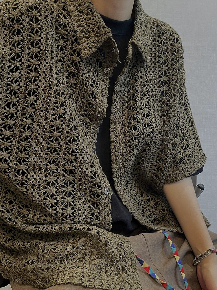 main_3 Men's Vintage Military Green Breathable Knit Shirt - Image 3