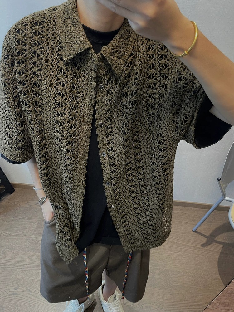 main_4 Men's Vintage Military Green Breathable Knit Shirt - Image 4