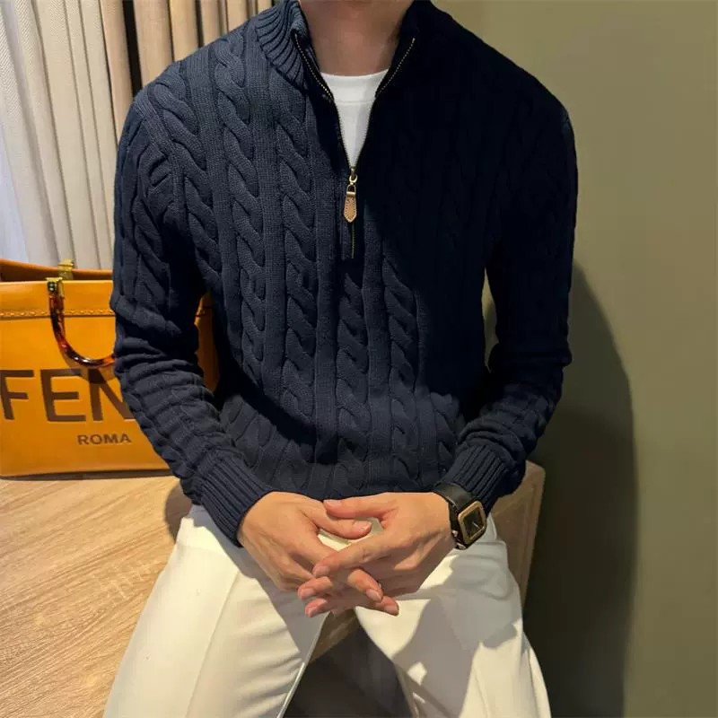 main_5 Vintage Half-Zip Cable Knit Sweater for Men - Image 5