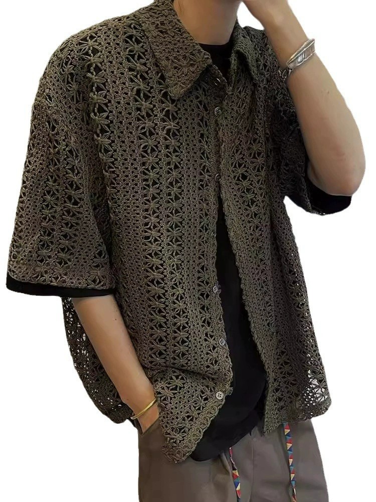 main_5 Men's Vintage Military Green Breathable Knit Shirt - Image 5