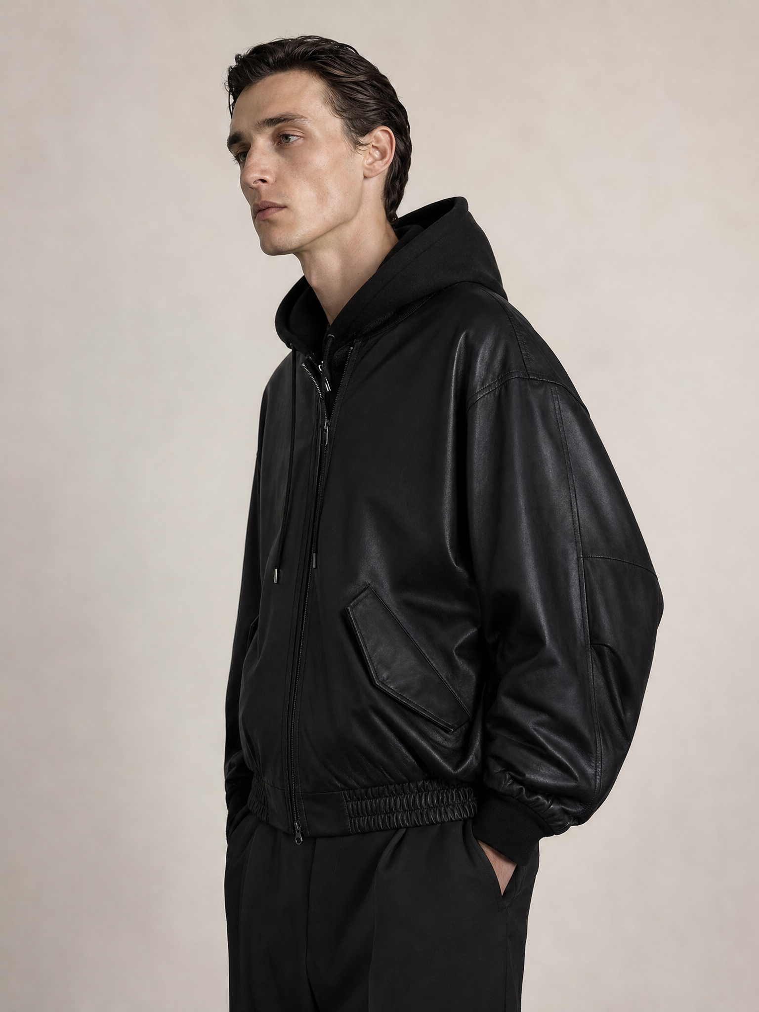 MYQ Men’s PU Leather Hooded Jacket 2024 Spring MYQ Men’s PU Leather Hooded Jacket 2024 Spring detail