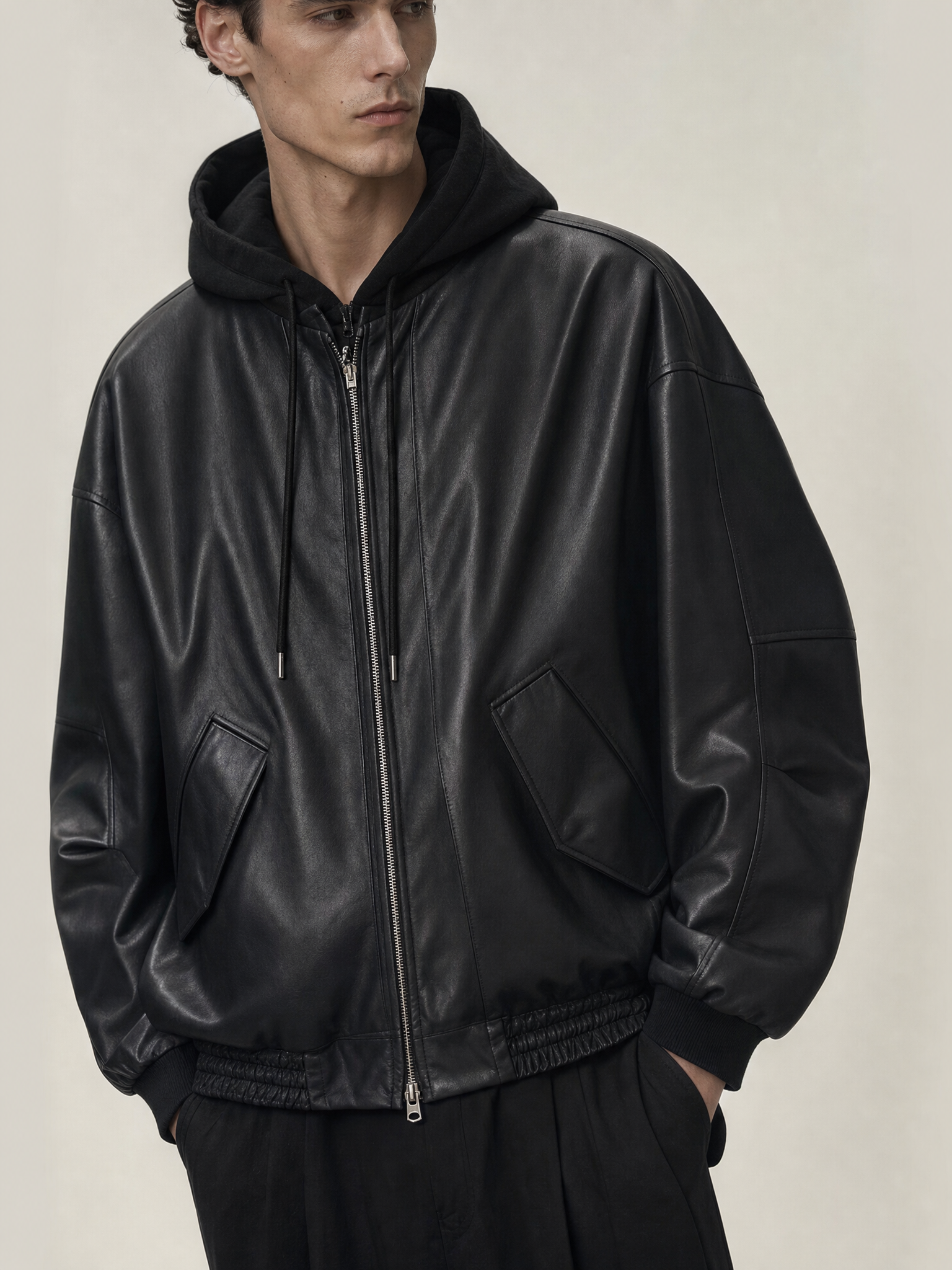 MYQ Men’s PU Leather Hooded Jacket 2024 Spring MYQ Men’s PU Leather Hooded Jacket 2024 Spring detail