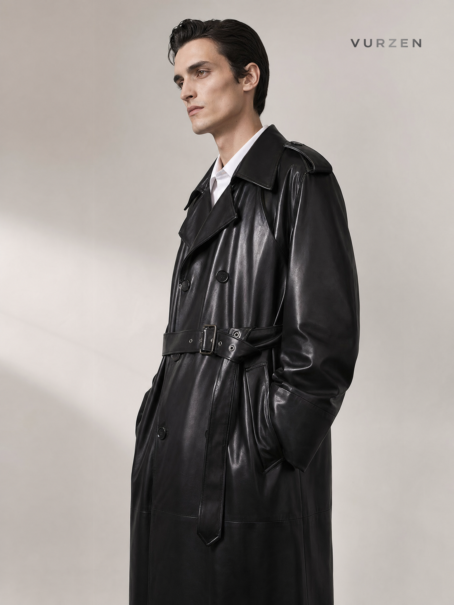 Men's Premium PU Leather Long Trench Coat Men