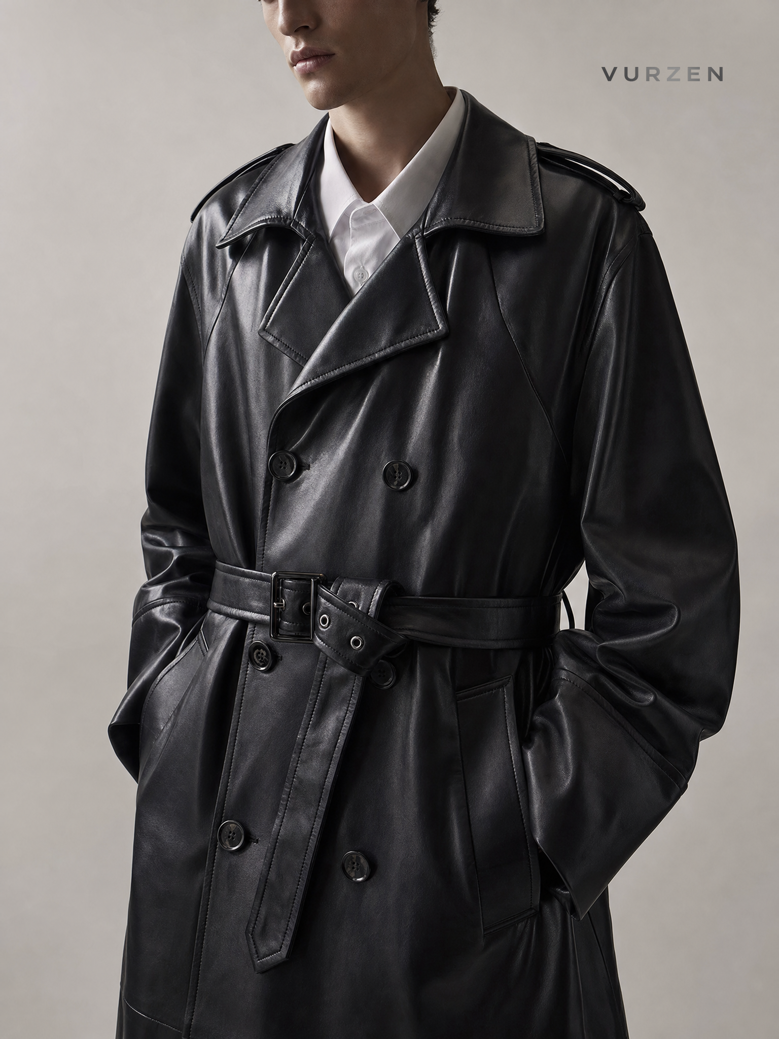 Men's Premium PU Leather Long Trench Coat Men